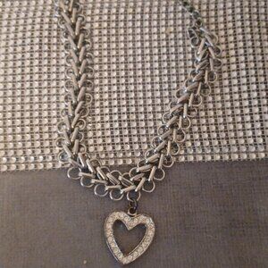Wide Silver Chain Choker with Bling Heart Charm Vintage Adjustable Clasp Girly